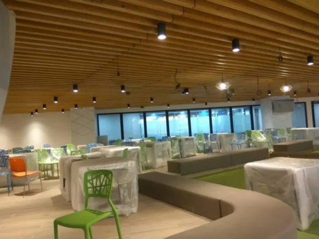 Wooden Acoustic hanging baffles by somnandi industries / ceiling noise control